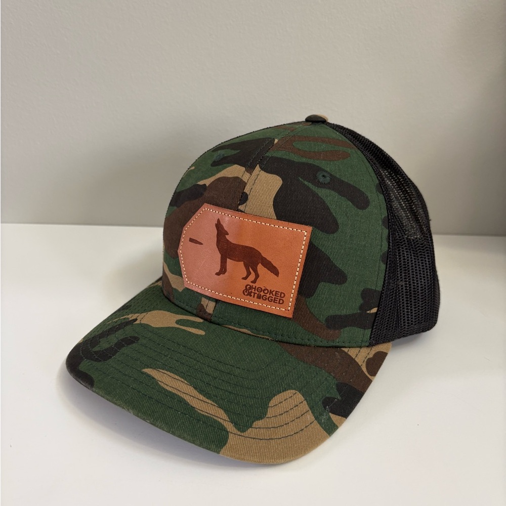 Hooked And Tagged Camouflage Fox Adjustable SnapBack Hat with Leather Patch
